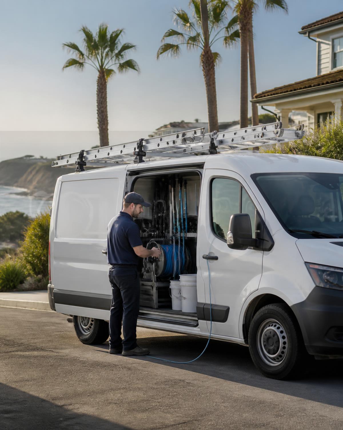 Shoreline Exterior service van with ladders outside a coastal California home