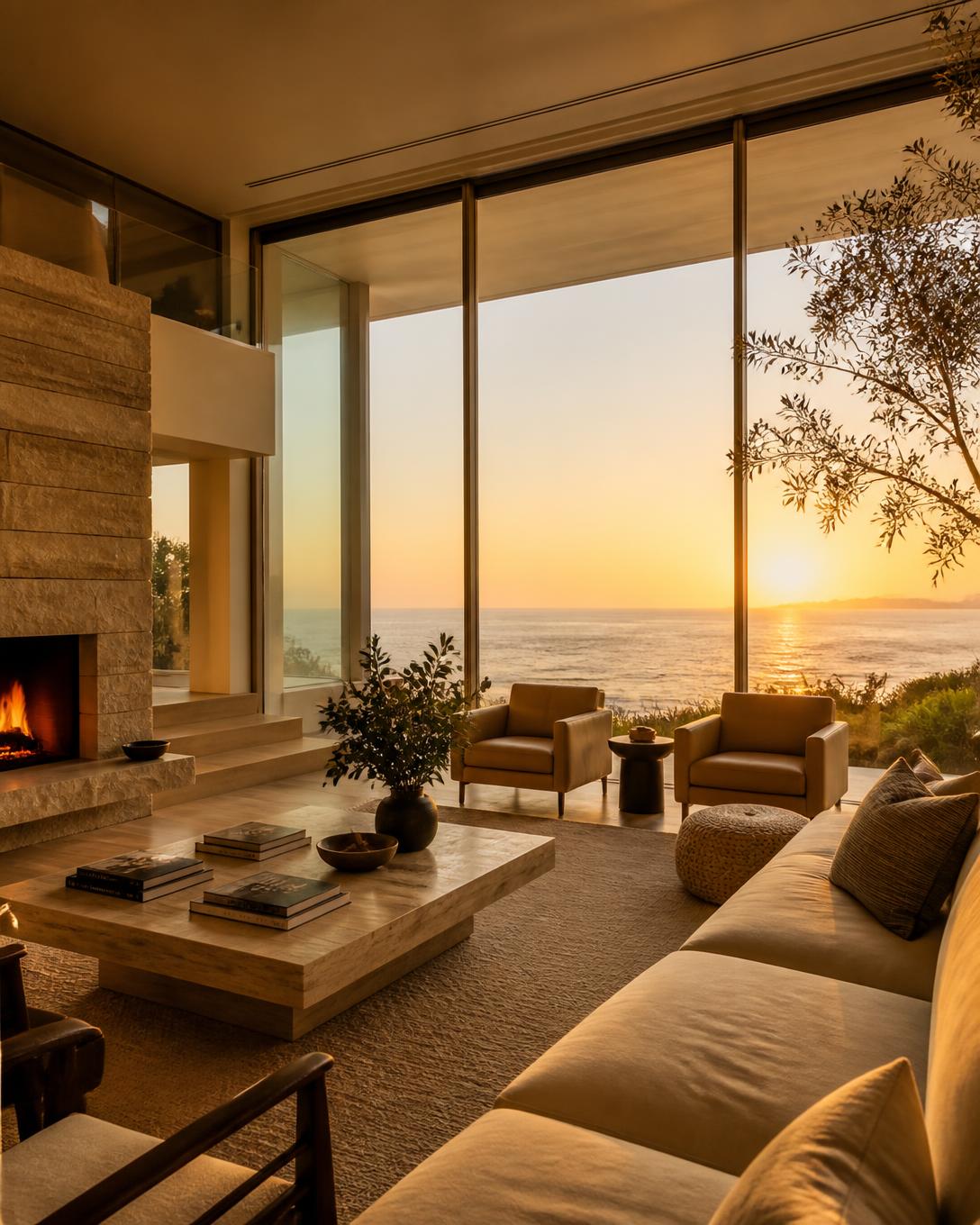Floor-to-ceiling clean glass in a Montecito coastal home overlooking the Pacific at golden hour